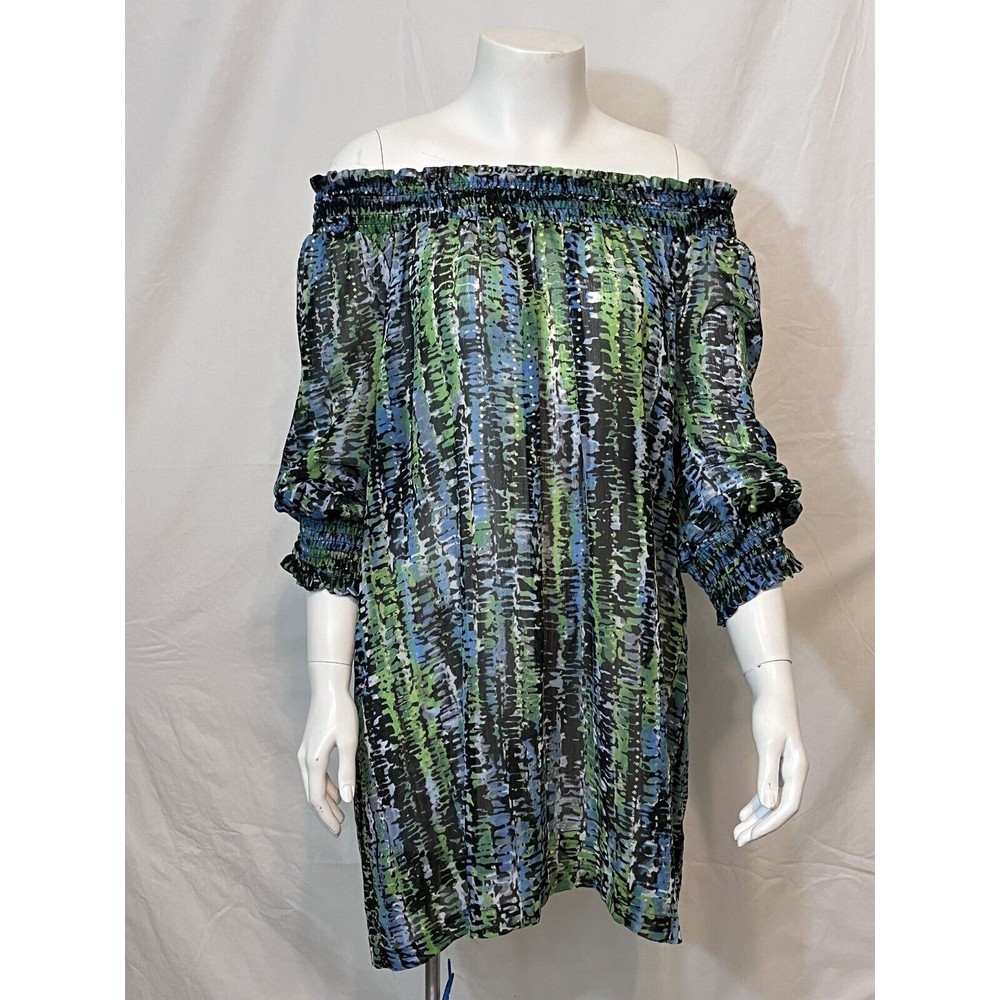 George Simonton Chiffon Elastic Neck Off-shoulder Boho Green Blues Blouse Large